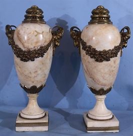 157a Pair of marble and bronze capped urns with ram heads very heavy, 19 in. T.