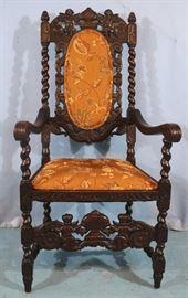 174a Oak throne chair with carved cupids on crown, barley twist style with new gold upholstery, 51 in. T, 23 in. W, 20 in. D.