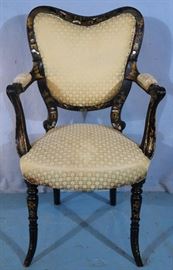 228a  Black lacquer oriental desk chair with mother of pearl and green upholstery, 37 in. T, 21 in. W, 17in. D.