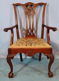 271a Mahogany Chippendale single dining chair with needlepoint seat and ball and claw feet, 40 in. T, 22 in. W, 19 in. D.