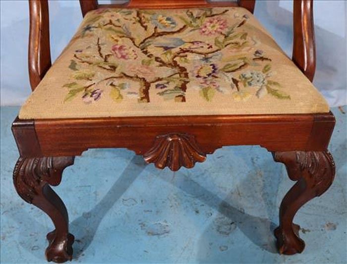271b Mahogany Chippendale single dining chair with needlepoint seat and ball and claw feet, 40 in. T, 22 in. W, 19 in. D.