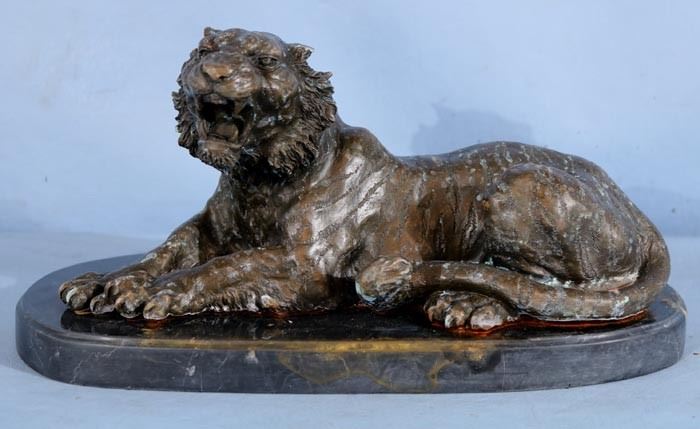 274a Bronze tiger on marble base, 7 in. T, 15 in. W.