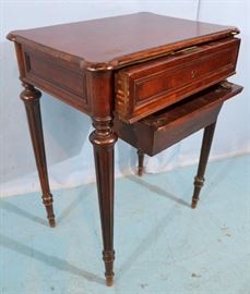 280b Mahogany Victorian sewing stand with thread drawer, 29 in. T, 22 in. W, 15 in. D.