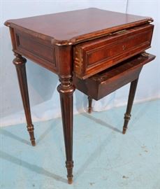 280b  Mahogany Victorian sewing stand with thread drawer, 29 in. T, 22 in. W, 15 in. D.