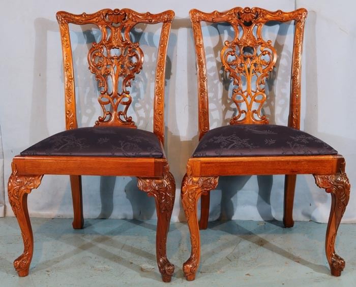 334a  Pair of mahogany Chippendale dining chairs with ball and claw feet and blue upholstery, 38 in. t, 20 in. W, 16 in. D.
