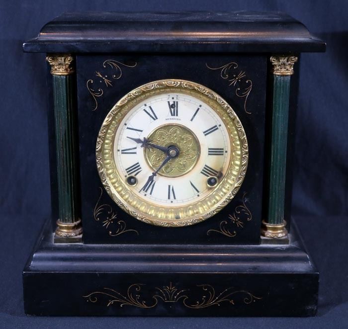 348a  Sessions wood black column mantle clock, no key, 12 in. T, 12 in. W, 6 in. D.