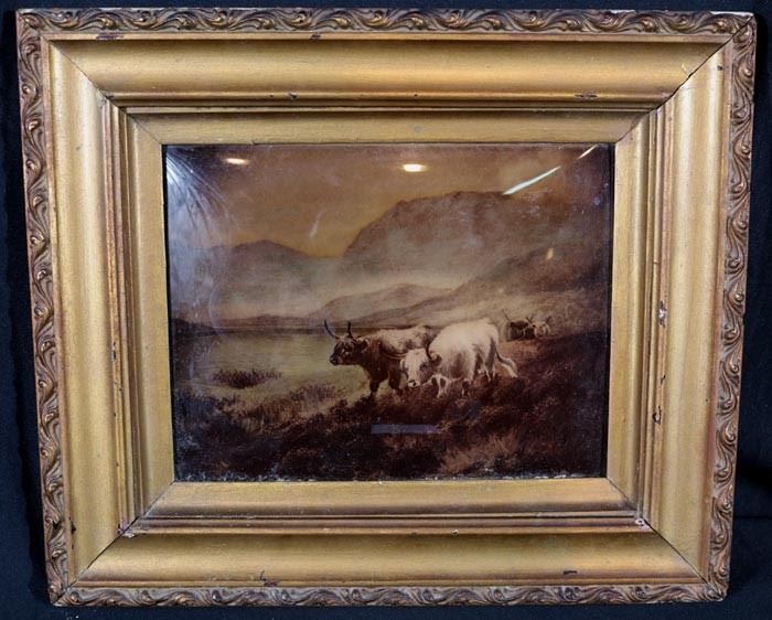 355a Reversed painted on glass of cows in paster with gold frame, 14 in. T 15 in. W.