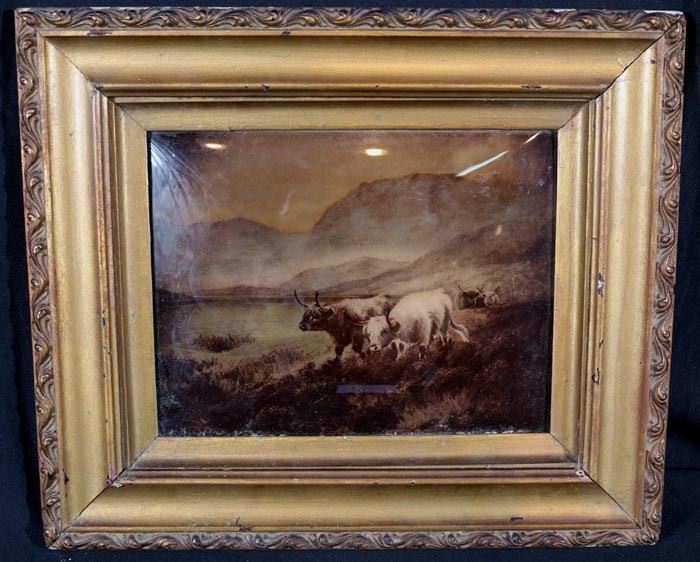 355a  Reversed painted on glass of cows in paster with gold frame, 14 in. T 15 in. W.