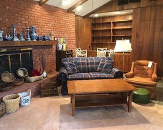 Loveseat, coffee table, chair, and lamp