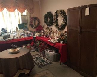 Craft items, Christmas items, and antique wardrobe
