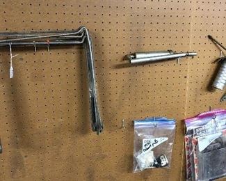12" hangers for wood shelving, mini grease gun, tap and die sets