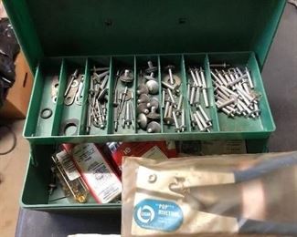 Rivet gun and assortment of rivets in a carrying case