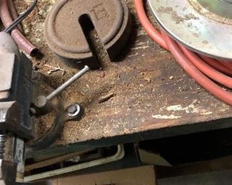 counter weights, shop table with vise and shelves