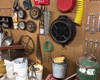 Jack stands, shop light, oil pan disposal tubs