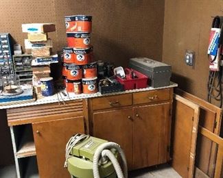 Tool boxes with tray, fan belts, tobacco tins, shop vac
