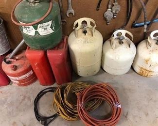 25-50 foot power cords, gas cans, galvanized buckets, air tank