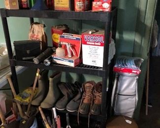 Assorted pesticides, fertilizers, Varsol, waterproof shoes and boots, fish landing nets, camp bucket seat, new sprayers