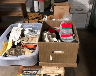 Winter wool socks, assorted gloves, card table legs, below zero sleeping bags