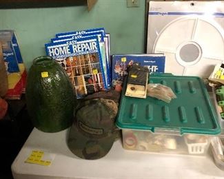Home repair manuals, ball caps, ceiling sconce