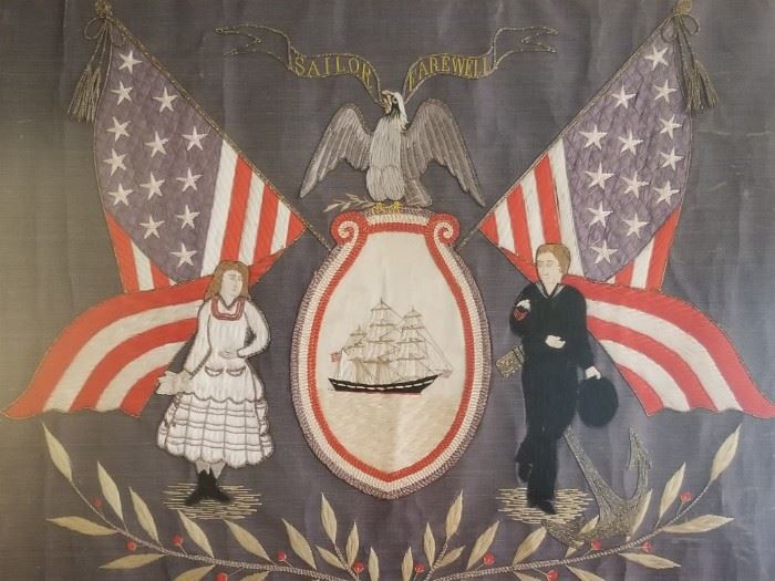 Antique Folk Art "Sailor Farewell" unusual pre Civil War era Handmade Naval Schooner Flag and Eagle Silk Embroidery....recent frame 