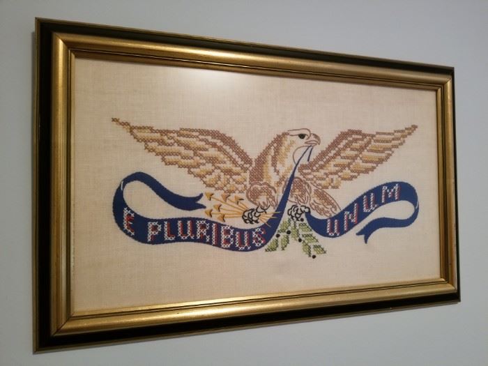 Vintage E Pluribus Unum Patriotic Cross Stitch Sampler framed