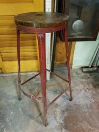 Antique primitive red Steel and Wood Stool