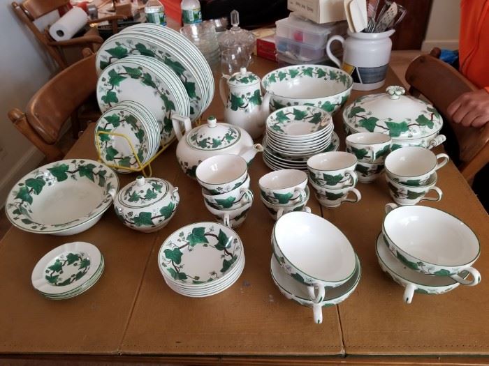 Expansive 70 pc set of WEDGEWOOD Queensware Napoleon Ivy includes both the Tea and Coffee pot. Rare and highly sought after in any denomination. Check Online any set of more than 10-12 pcs quickly gets sold out!! 