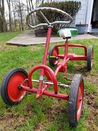 Rare quadracycle vintage Midge racer, Very Heavy Tubular Steel frame, Old steel hard rubber tires. The Schwinn saddle seat appears to be later addition...Very Cool piece! 