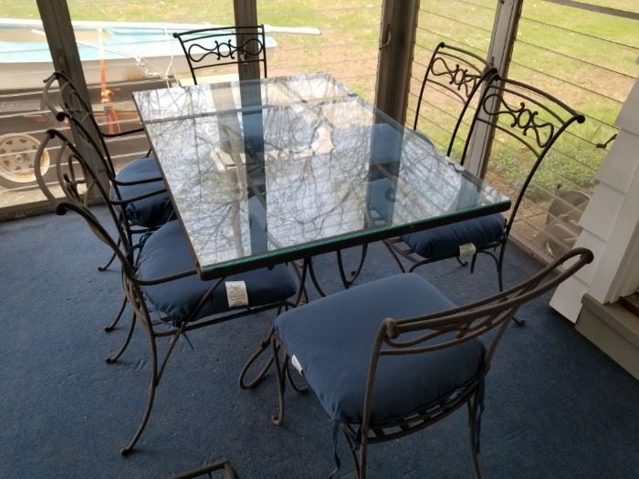 EXCEPTIONAL vintage mid century Hammer Forged Iron and Glass 12 piece Sunroon or Porch Furniture set. This is heavy weight iron, nice early worn Patina with traces of old paint. Seat cushions were just recently replaced!