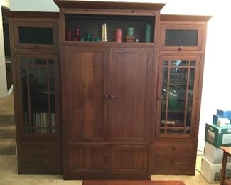 ETHAN ALLEN ENTERTAINMENT CENTER/ WALL UNIT.  MISSION STYLE 92" WIDE  84" HIGH  23" DEEP W/POCKET DOORS.  36" TV OPENING.  ABSOLUTE GORGEOUS PIECE!!!