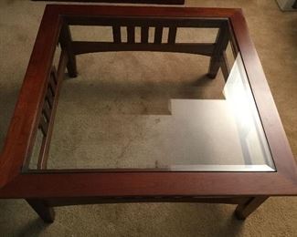 38" SQ. MISSION STYLE GLASS TOP COCKTAIL TABLE BY ETHAN ALLEN