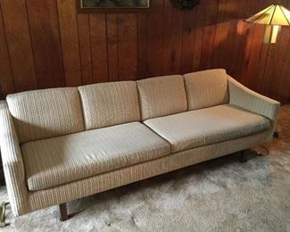 MID CENTURY  TWO CUSHION COUCH 84" LONG GOLD TONE FABRIC