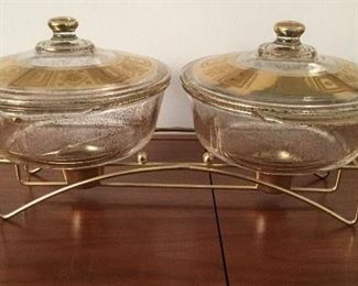 VINTAGE FIRE KING DOUBLE CHAFING DISHES w/STERNO HEAT STAND