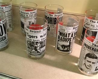 DETROIT NEWS COLLECTIBLE BEVERAGE GLASSES - DETROIT TIGERS, LINDBERGH, MAN ON THE MOON, ETC.