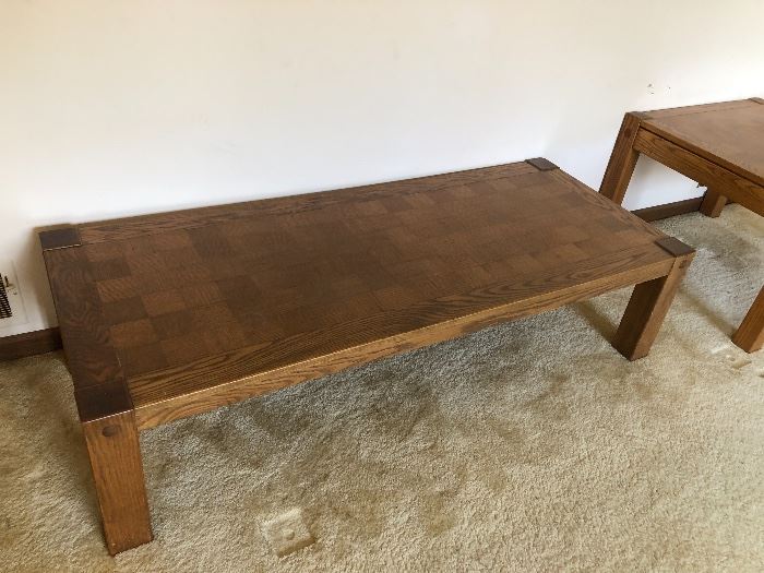 Conant Ball Parquet Top Oak Chess Board Coffee and 2 End Tables
