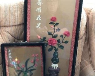 Vintage Chinese/Asian shadowbox framed art Coral and Jade