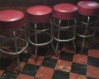 4 Vintage Red Vinyl Swivel Bar Stools w/ Chrome Legs & Foot Rail