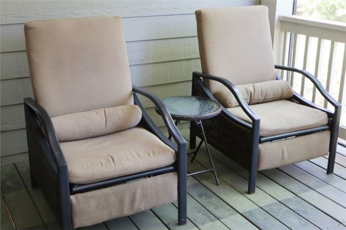 17. Pair of Metal Reclining Chairs Glass Top Table