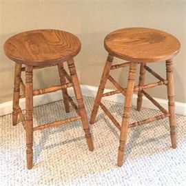 82. Pair Oak Stretcher Base Bar Stools