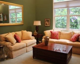 Pretty Yellow on Yellow Sofas by Safaavieh(Clean!) with Large Wood Coffee Table with Three Drawers on Each Side also by Safaavieh