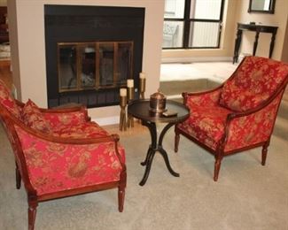 Pair of Pretty Floral Side Chairs By Kincaid with Small Round Pedestal Table