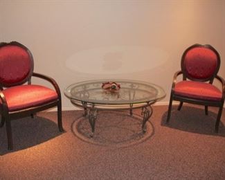 Pair of Side Chairs and Glass & Metal Round Coffee Table