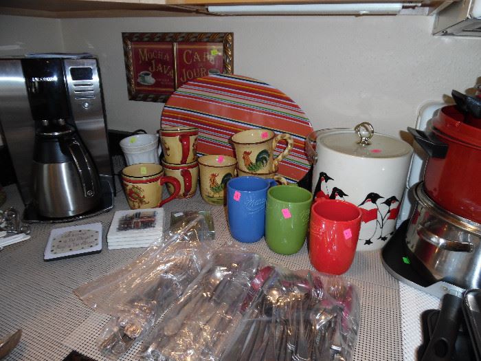 assorted mugs, Ice bucket, Coffee Maker, flatware