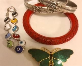 Chinese bangles, cinnabar bangle, enamel butterfly pin
