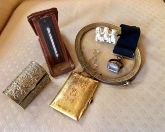 Vintage items, thermometer, purse, stamp box and more