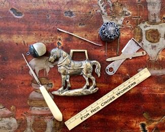 Vintage sewing items, brass horse