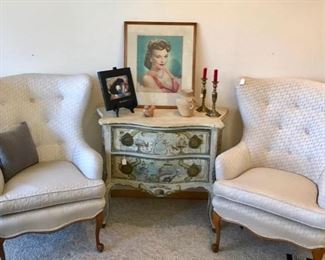 Hand Painted Provincial Chest, Wing Chairs, Ozni Brown Portrait