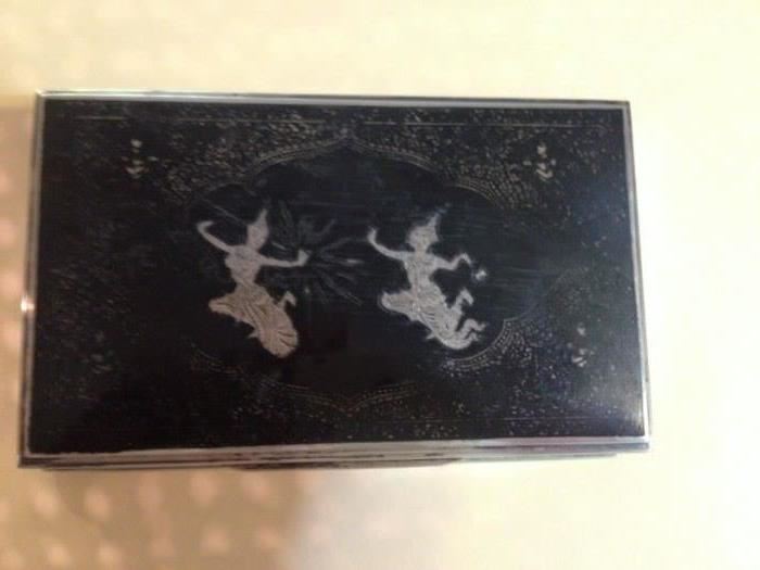 Pre 1939 niello Temple dancers on silver encased cigarette box