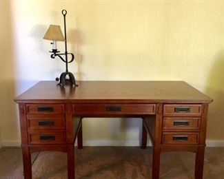 Oak Mission-style Desk w/ Keyboard Tray, File Drawer, Drawers