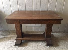 Antique Tiger Oak  Library Table w/ Drawer. Includes a Depression-Era photo of the family using the Library Table. 